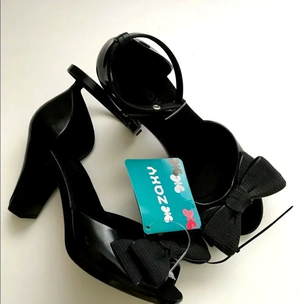 Zaxy Diva Top II Black Bow Heels Sandals Size 5 (Fits 6) Made in Brazil NWT